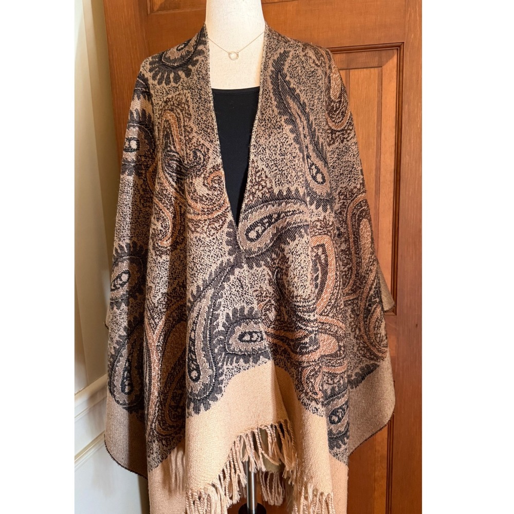 VTG Perry Ellis Tapestry Fringe Wrap Shawl Womens OS Old Money‎ Classic Elegant